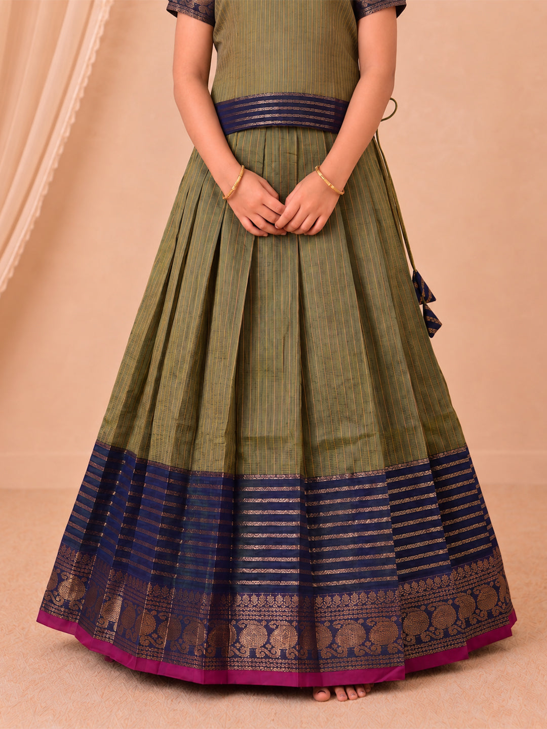 Girls Cotton Green with Blue Pattu Pavadai Set GPS54