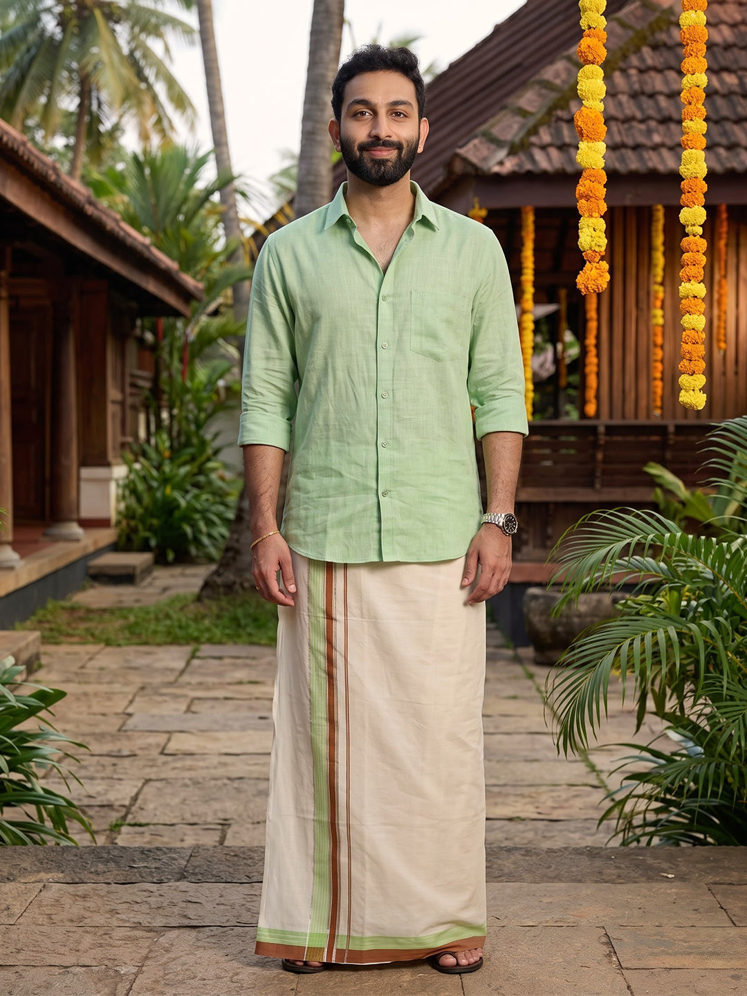 Double Layer Giza Cotton Cream Kora Dhoti with Colour Border - PKJ01