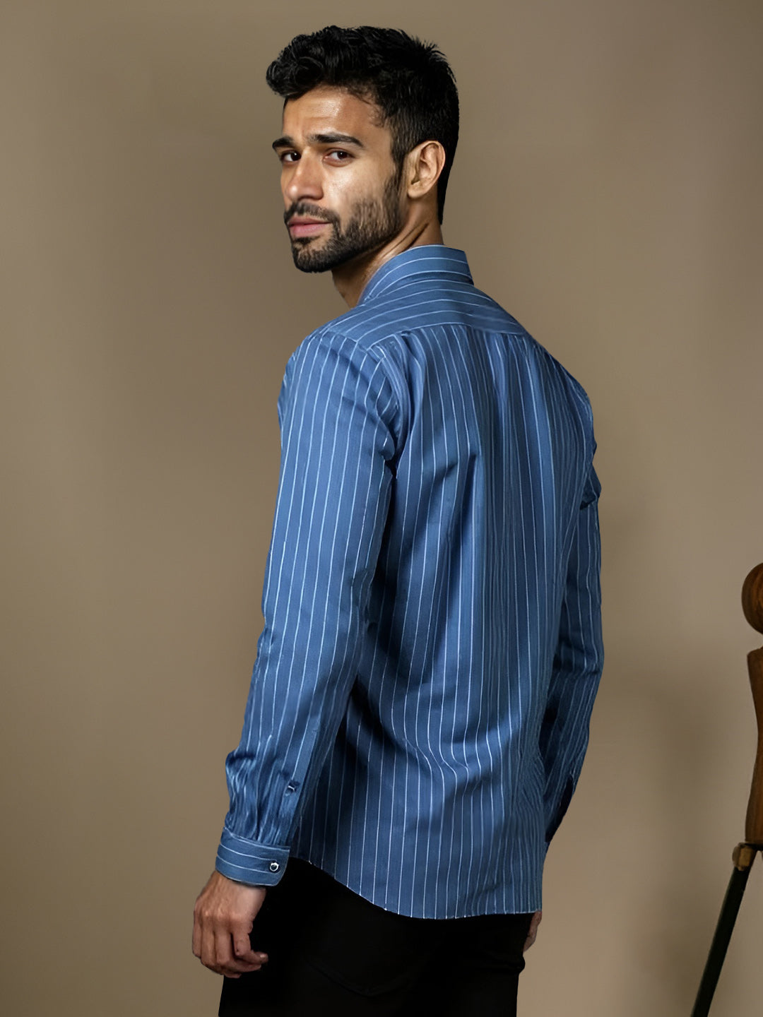 Men Pure Linen Striped Shirt Tufts Blue LS11