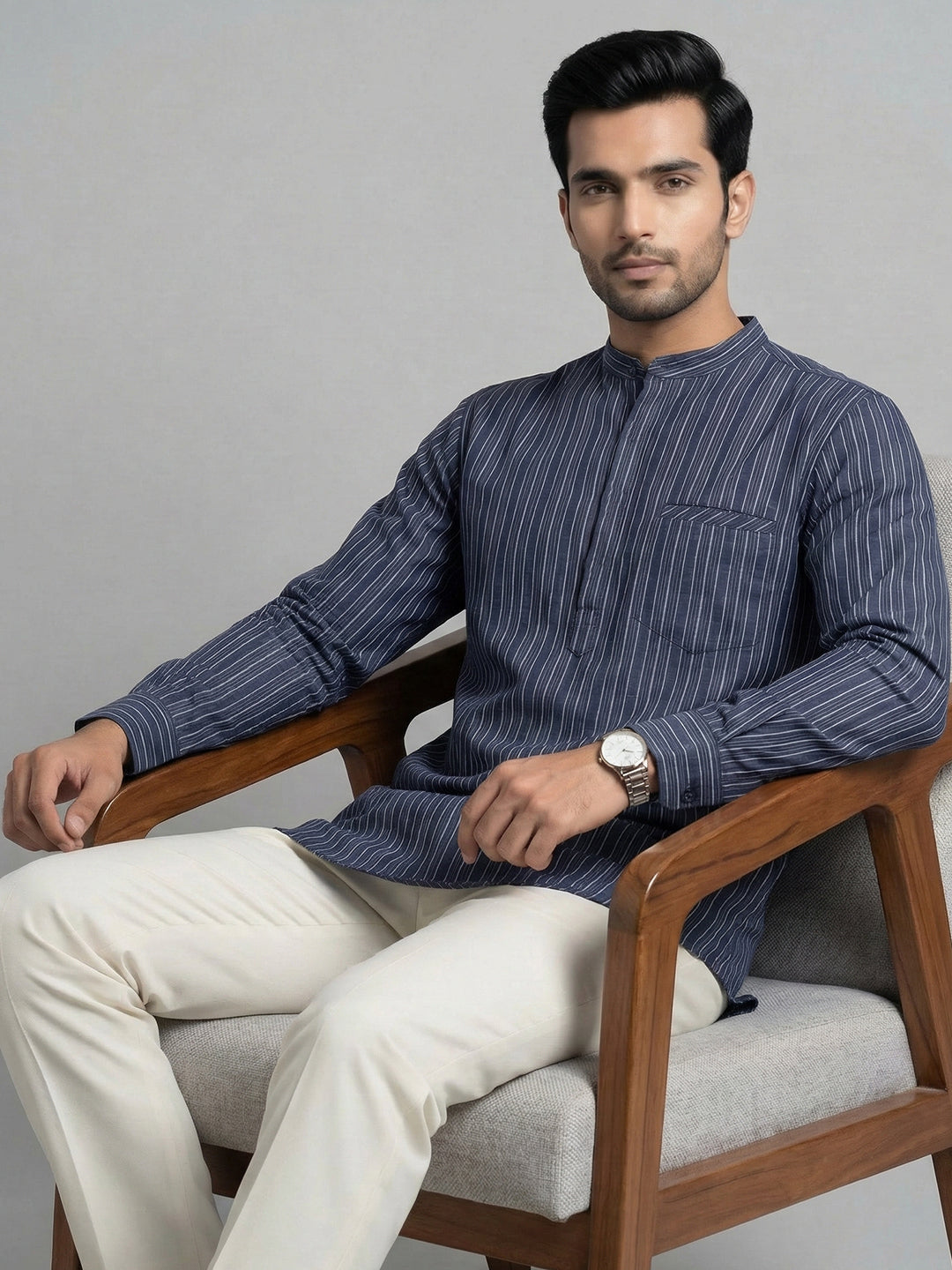 Men Cotton Short Length Striped Pocket Kurta Grey Blue RK81