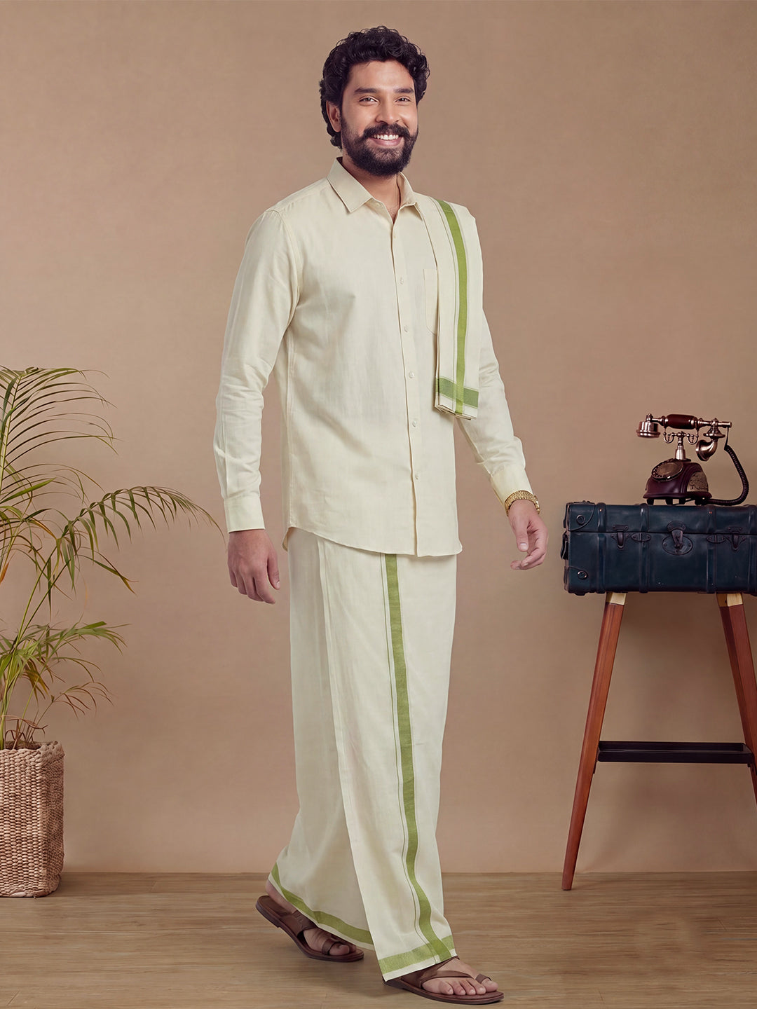 Tissue Moss Green Shirt Dhoti & Towel Set