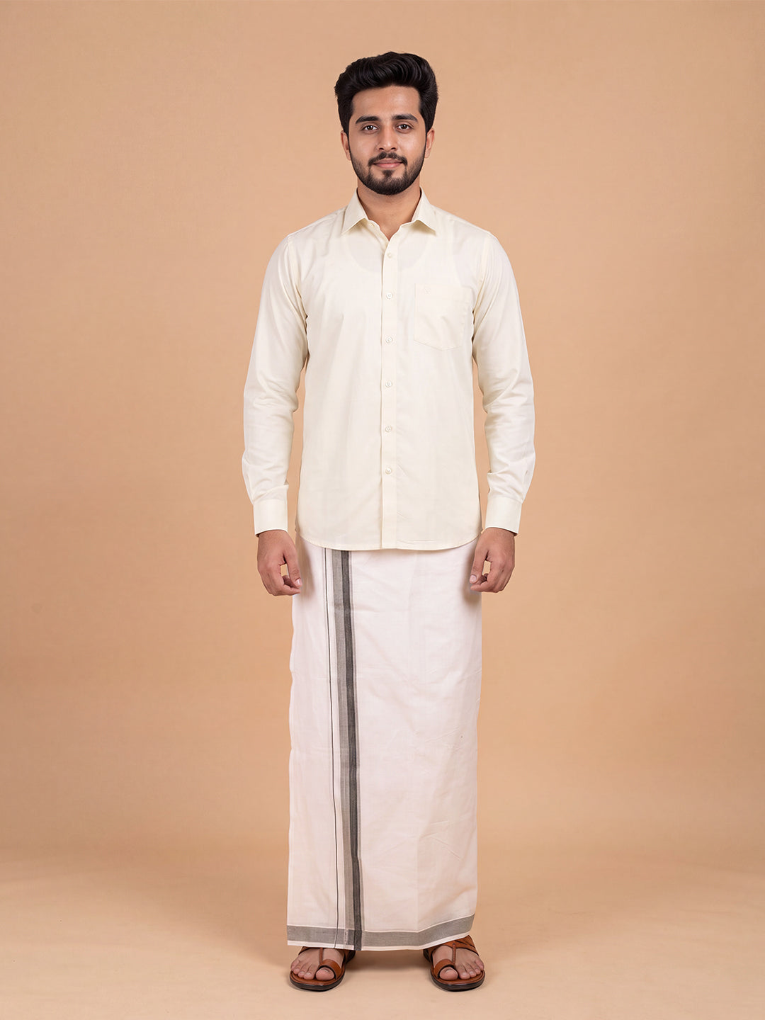Double Layer Kora Cotton Cream Dhoti with Colour Jari Border - Excel 3.9m ESJ01