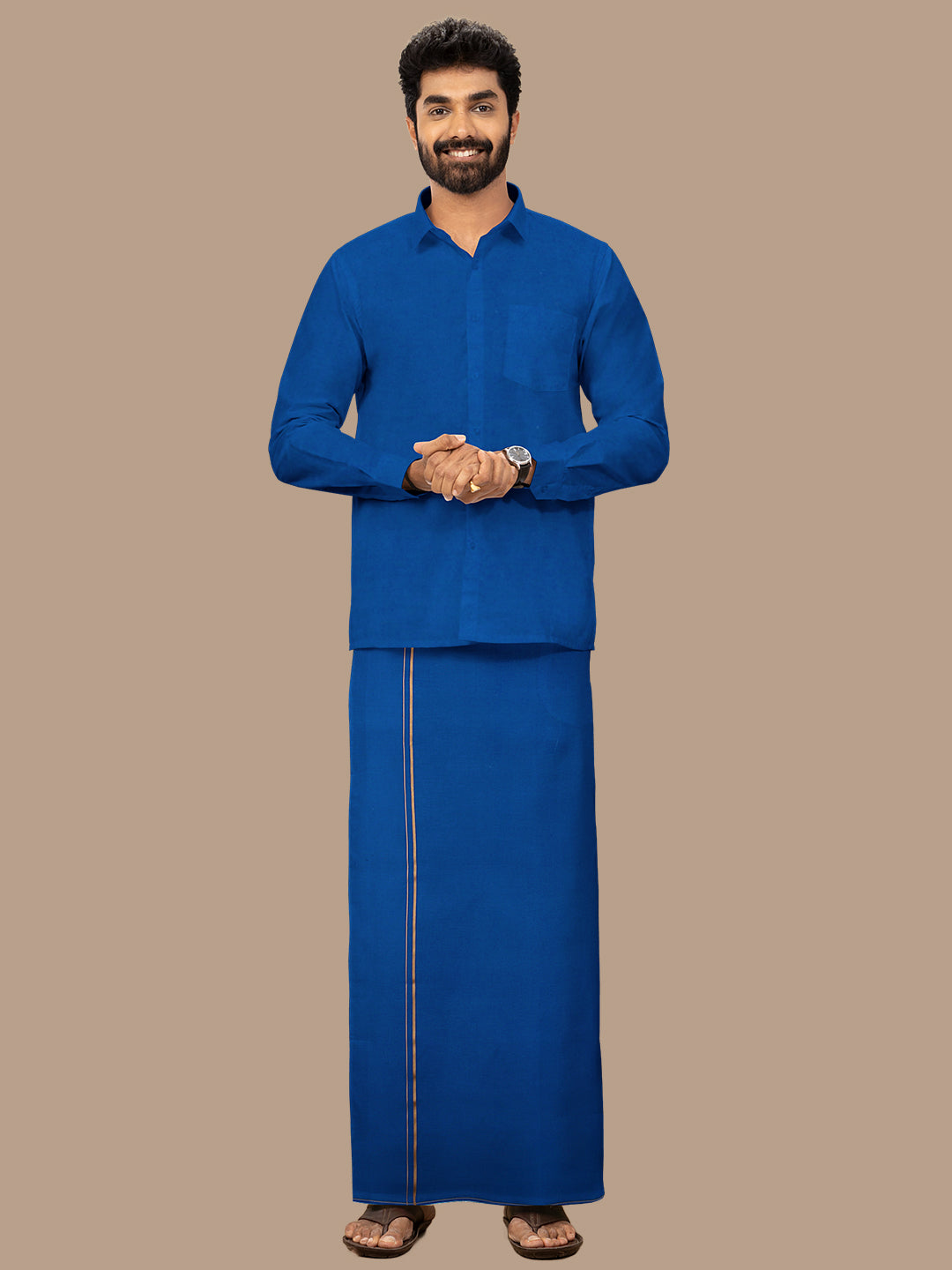 Men 100% Cotton Single Layer Blue Dhoti with Assorted Border Poojan SB