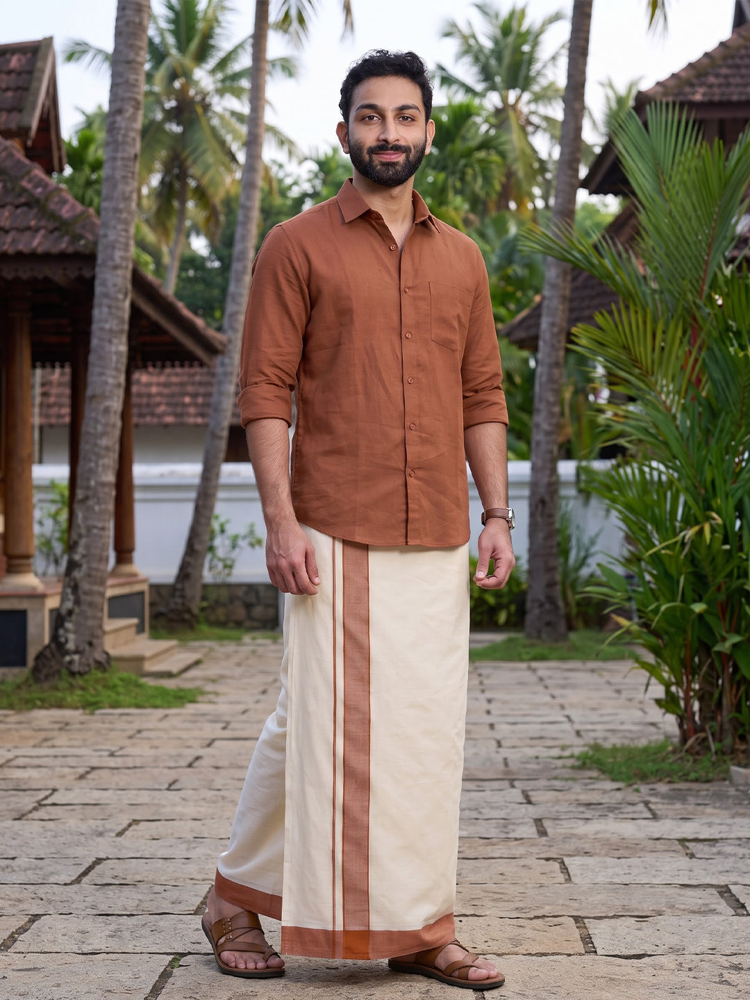 Double Layer 100% Cotton Cream Kora Dhoti with Colour Border - GK02