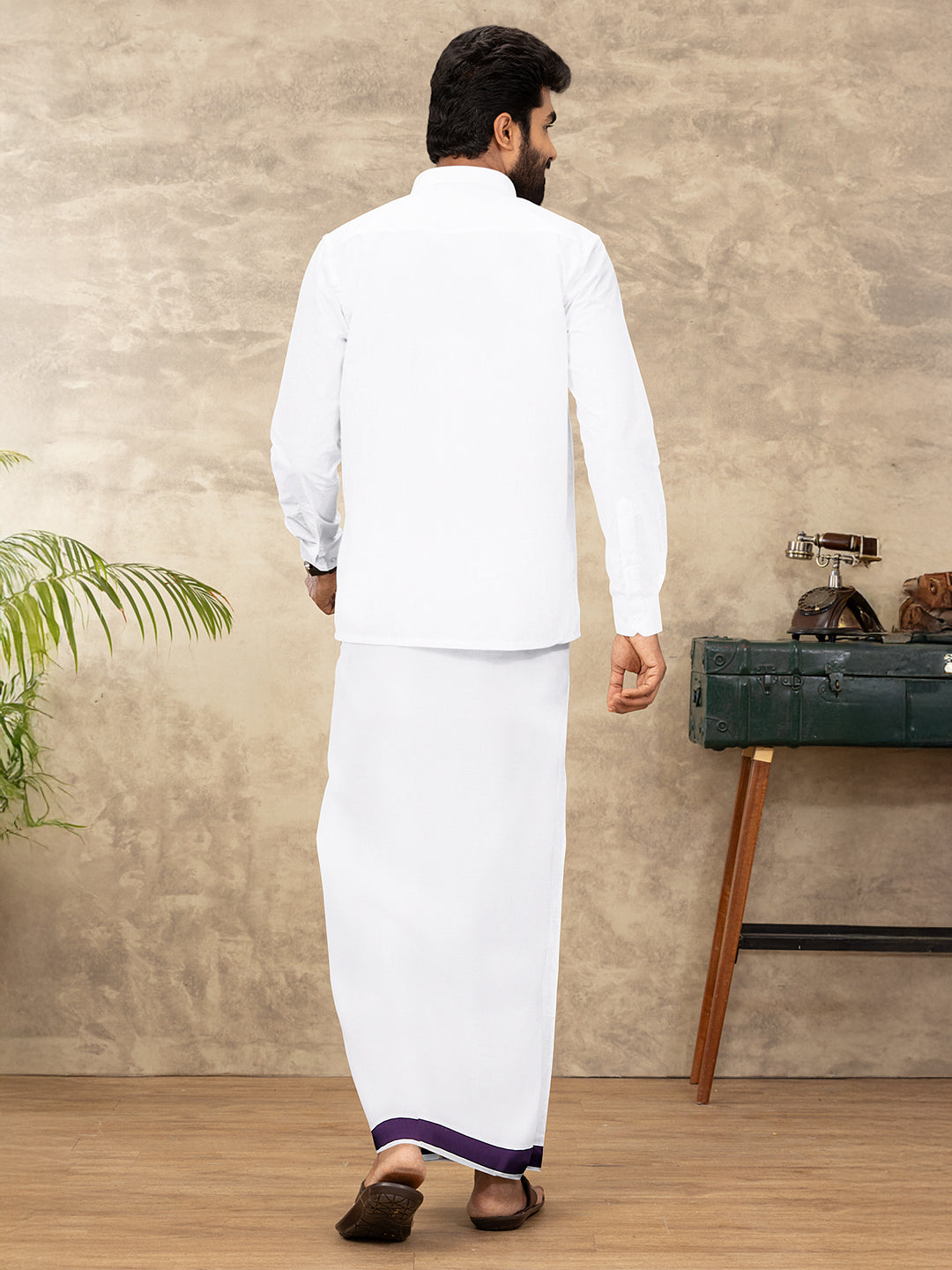 Men Cotton Blend Single Layer White Dhoti with Fancy Jari Border WGF11