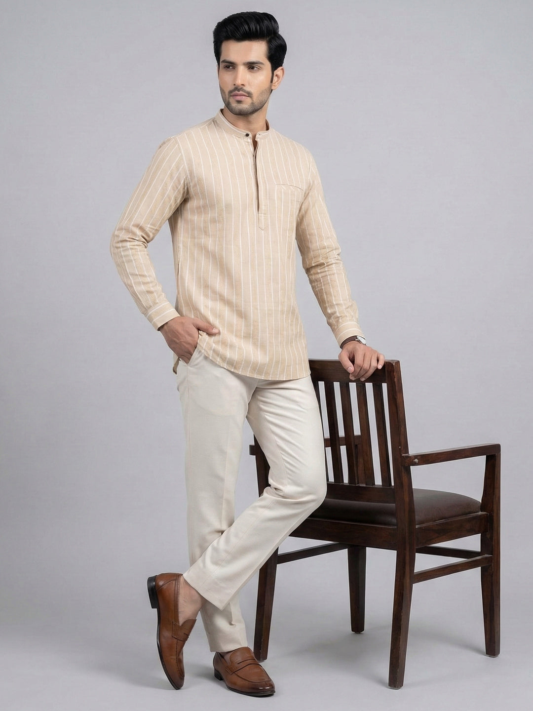 Men Cotton Short Length Striped Pocket Kurta Sand Beige RK53