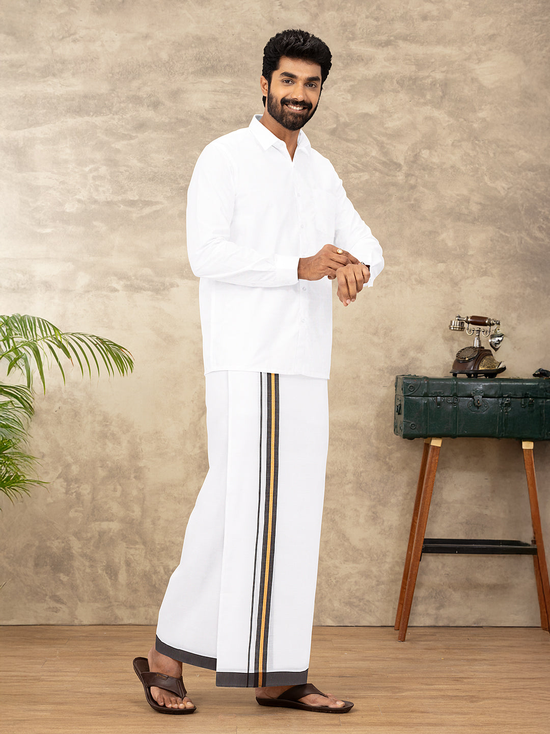 Men Cotton Blend Single Layer White Dhoti with Fancy Jari Border WGF13
