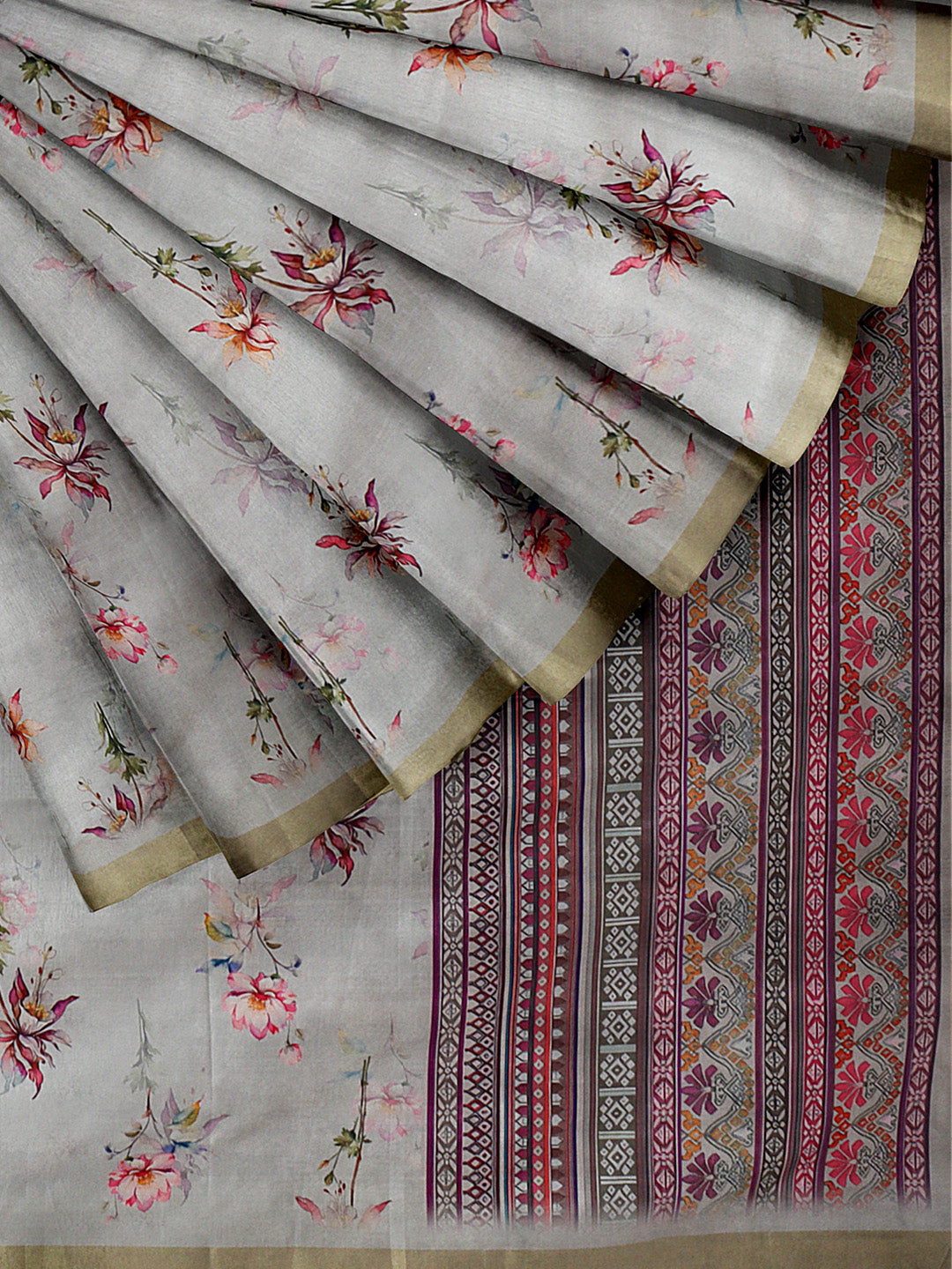 Women Silver Grey Semi Tussar Printed Saree ST249