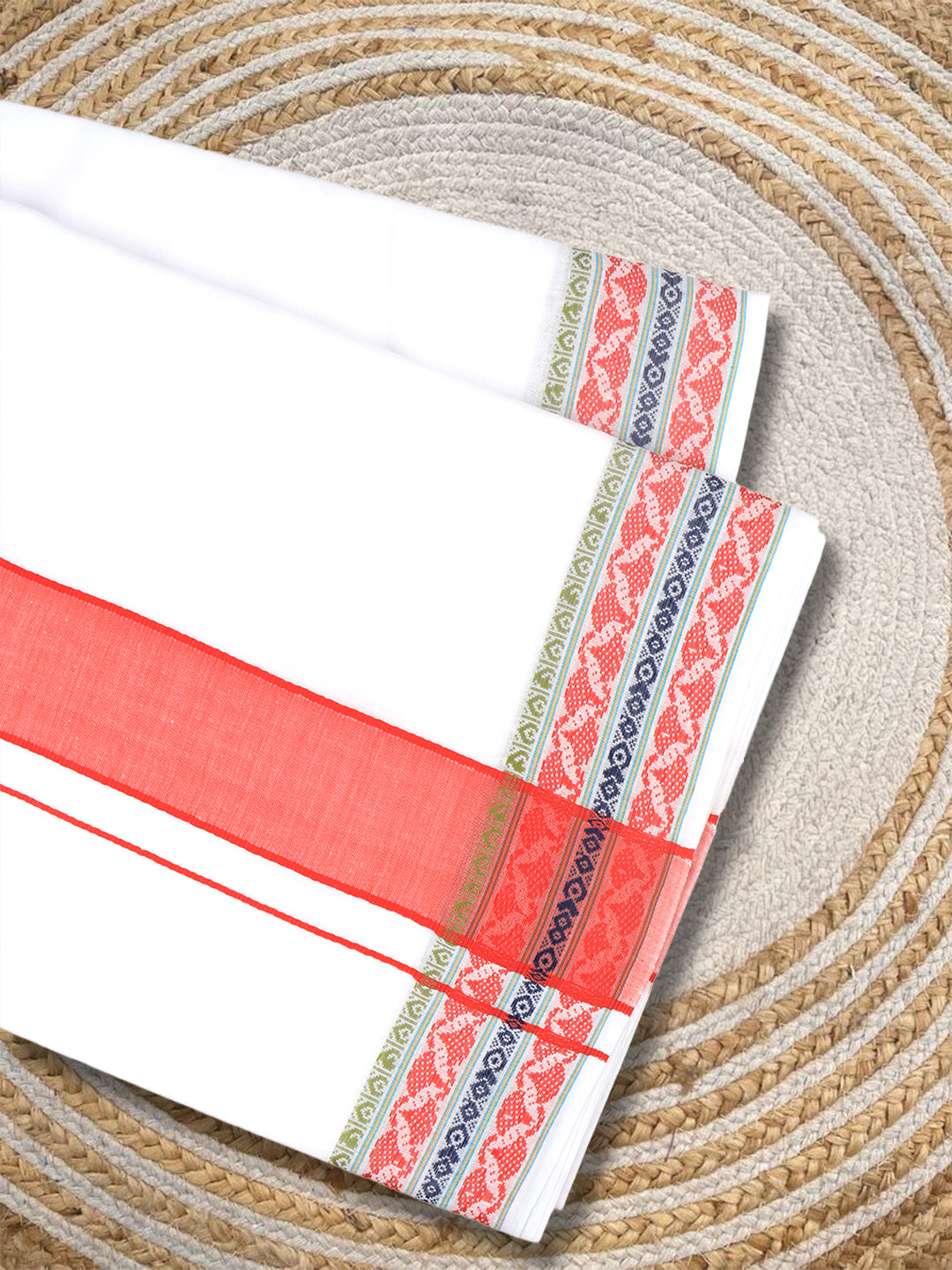 Men Cotton Red Fancy Border Panchakacham with Angavasthram Srirasthu(9+5) SR43