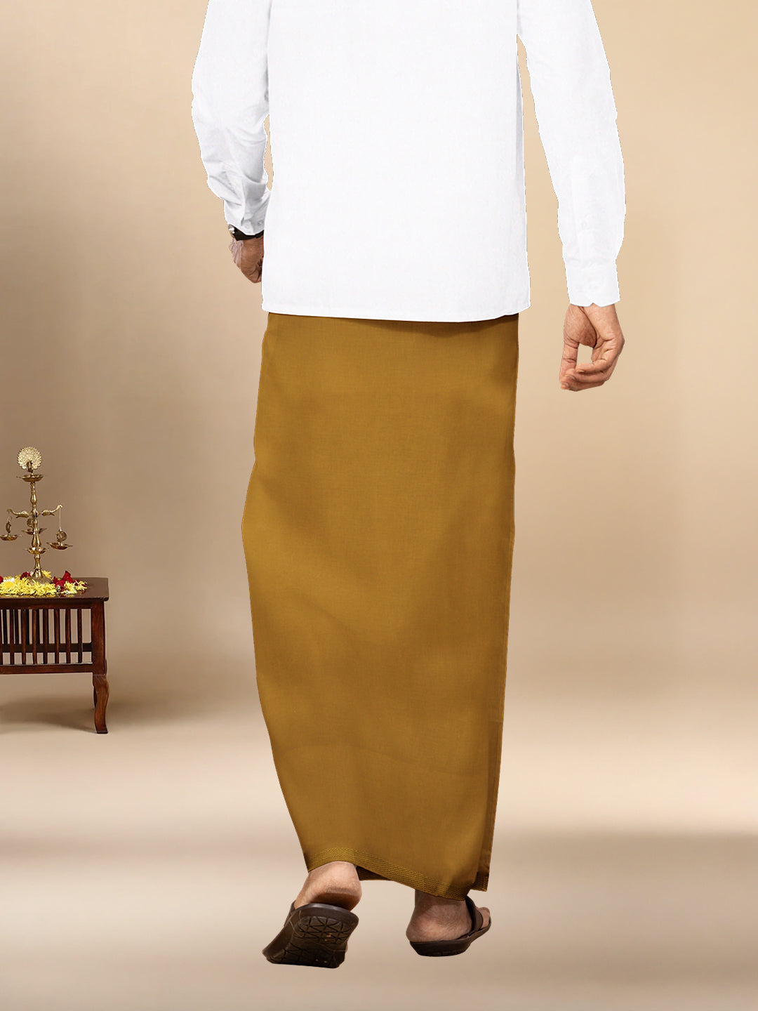 Men Cotton Blend Single Layer Mustard Dhoti with Gold Jari Border Cosmic