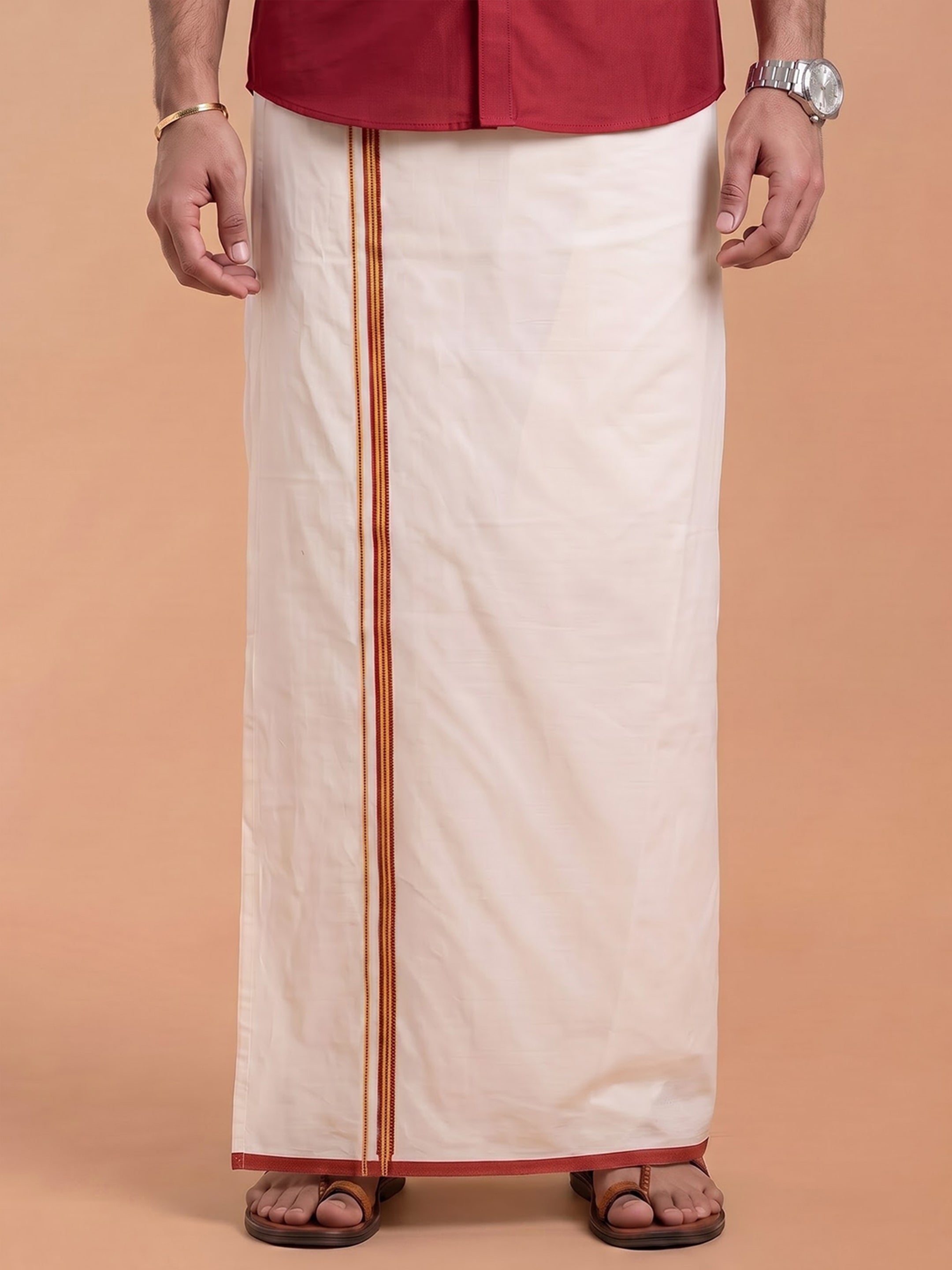 Double Layer 100% Cotton Cream Kora Dhoti with Colour Jari Border - BJK04