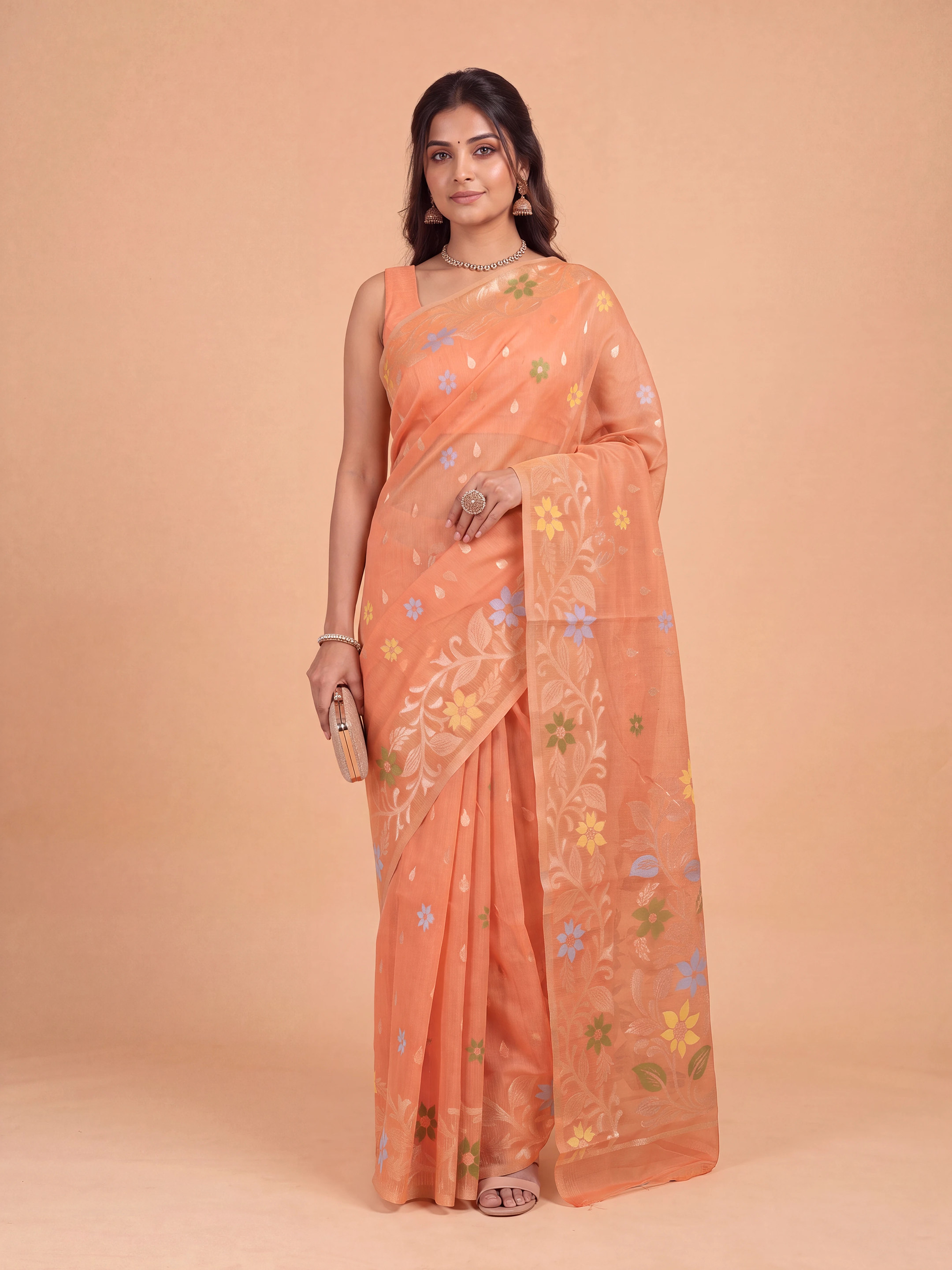 Women Orange Spun Poly Printed Saree SP13