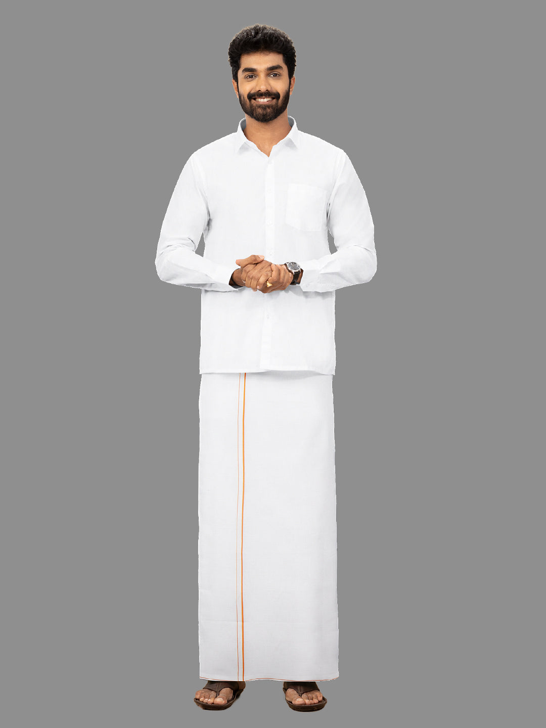 Men Cotton Blend Single Layer White Dhoti with Small Border Moontex