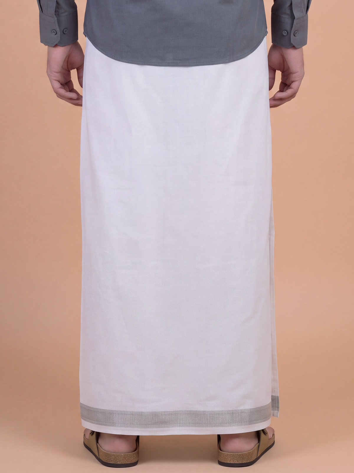 Double Layer Pure Linen White Dhoti with Silver Jari Border - Europian Gift 3.90m