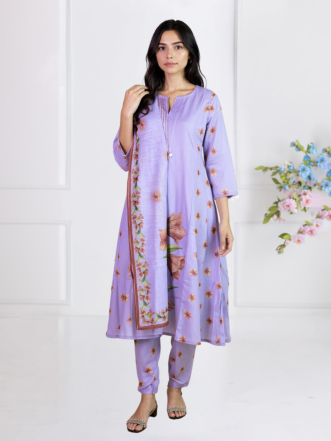 Women Lavender Premium Cotton Printed Kurti Set EKS76