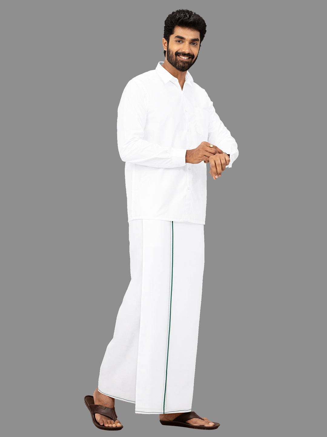 Men Cotton Blend Double Layer White Dhoti with Small Border Gold Win Spl