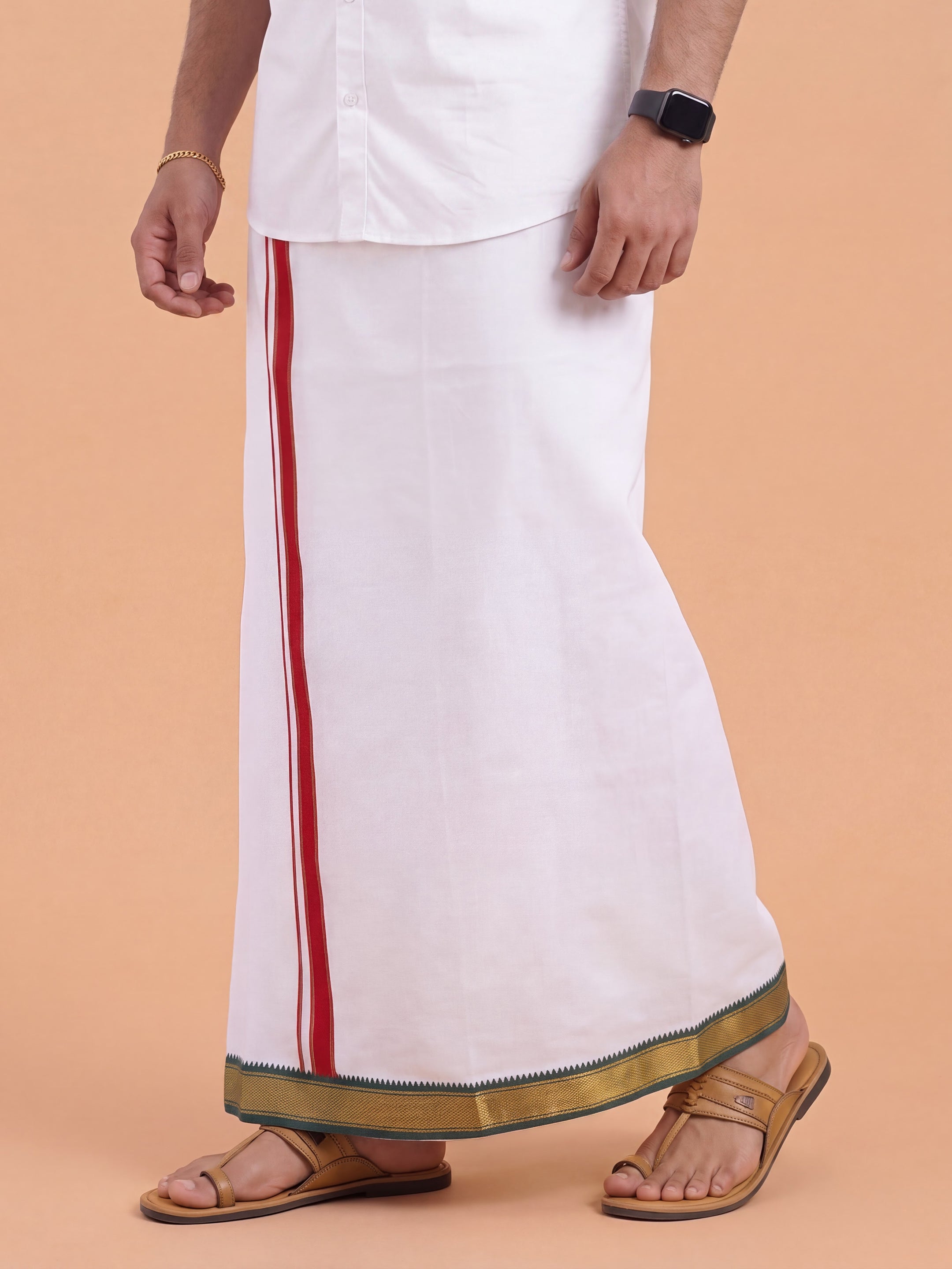 Double Layer 100% Cotton White Dhoti with Mayilkhan Border - Thavasi 4m