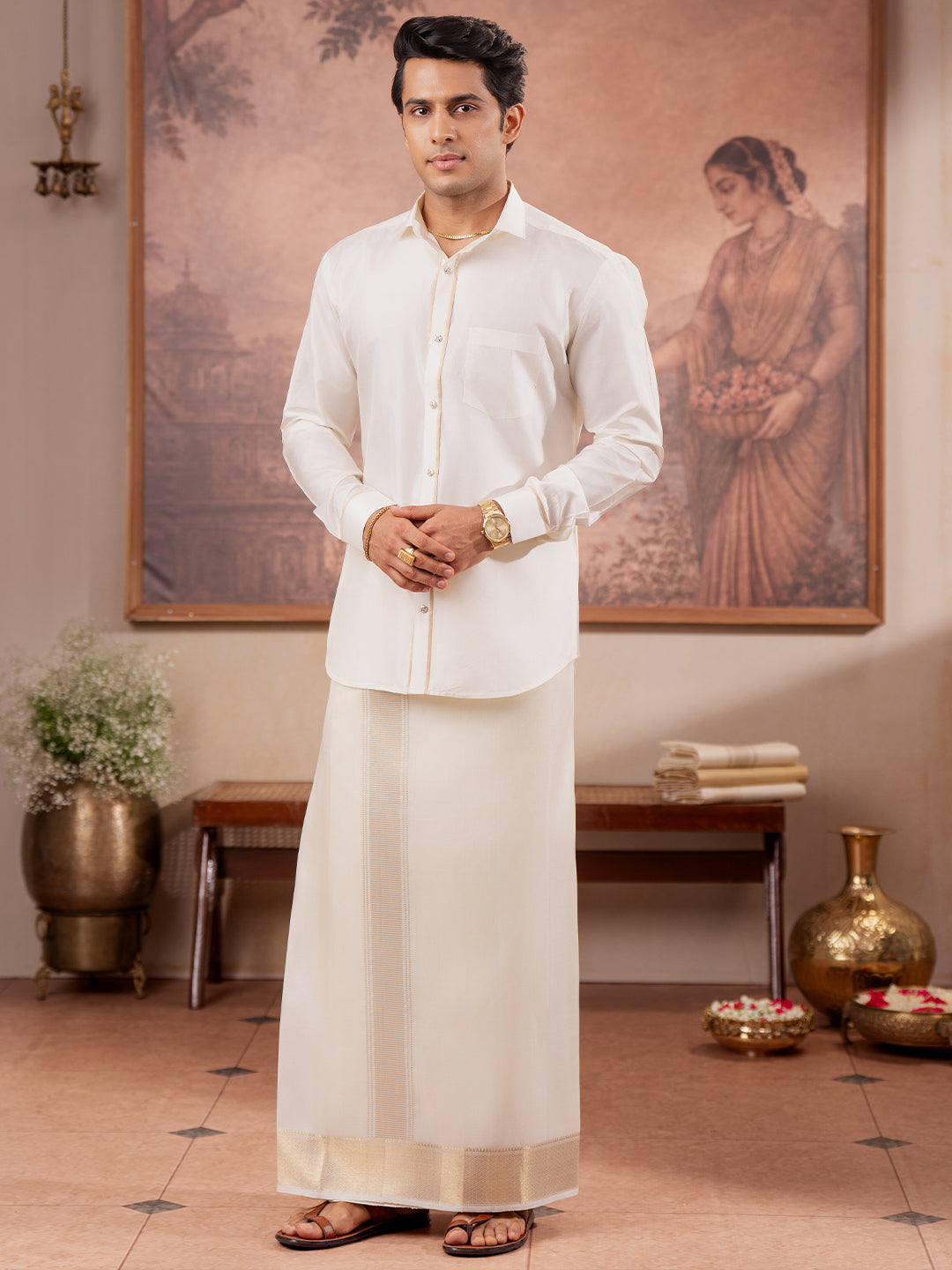 Pure Silk Cream Dhoti with 4" Gold Jari Border - Kalasam