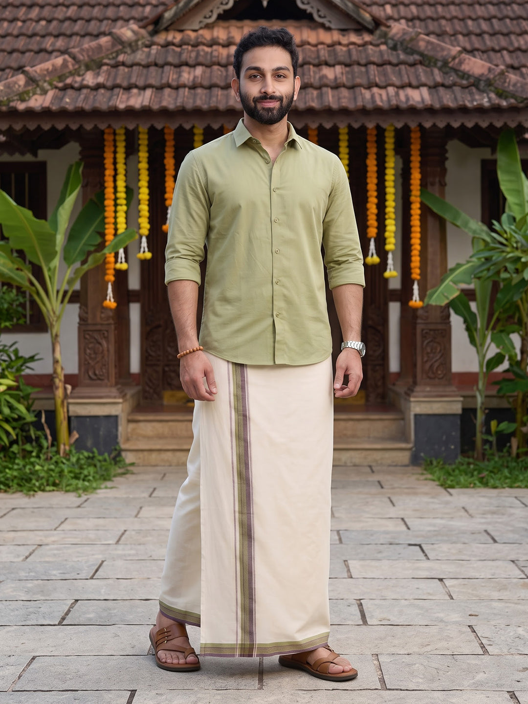 Double Layer Supima Cotton Cream Kora Dhoti with Colour Jari Border - LC43