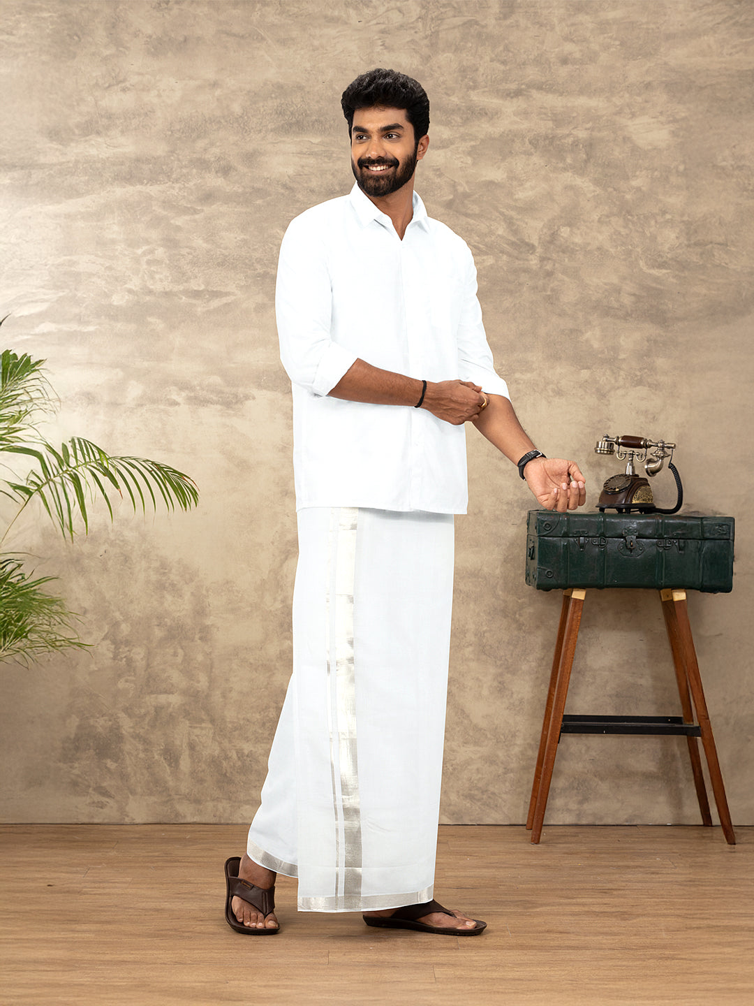 Men 100% Cotton Double Layer White Dhoti with 1 1/2" Jari Border Silver Coin