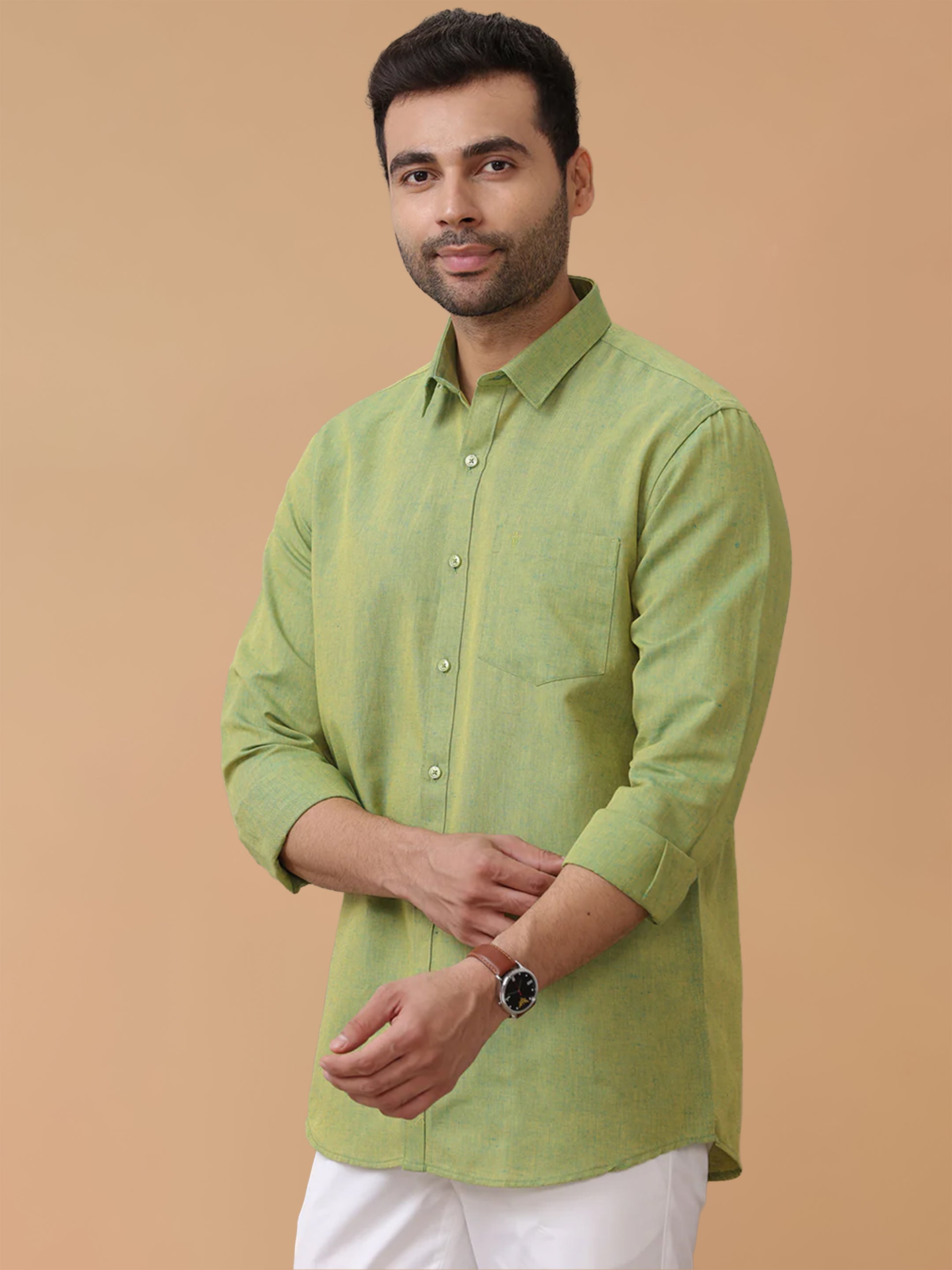 Linen Cotton Yellowish Green Regular Fit Shirt LF9