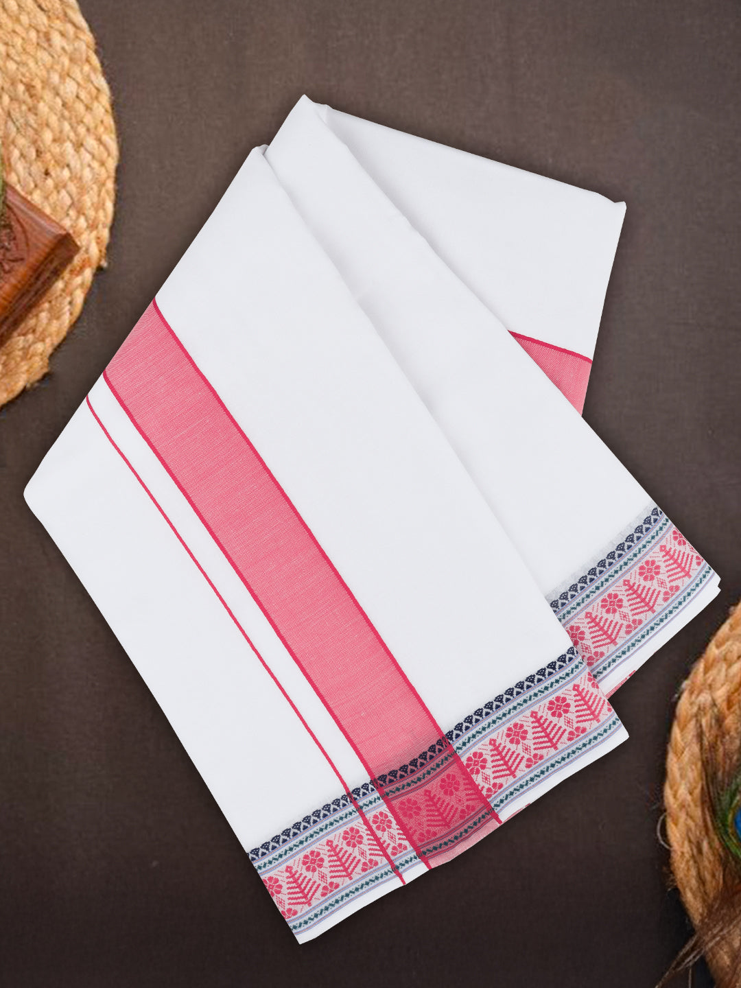 Men Cotton Pink Fancy Border Panchakacham with Angavasthram Srirasthu(9+5) SR54