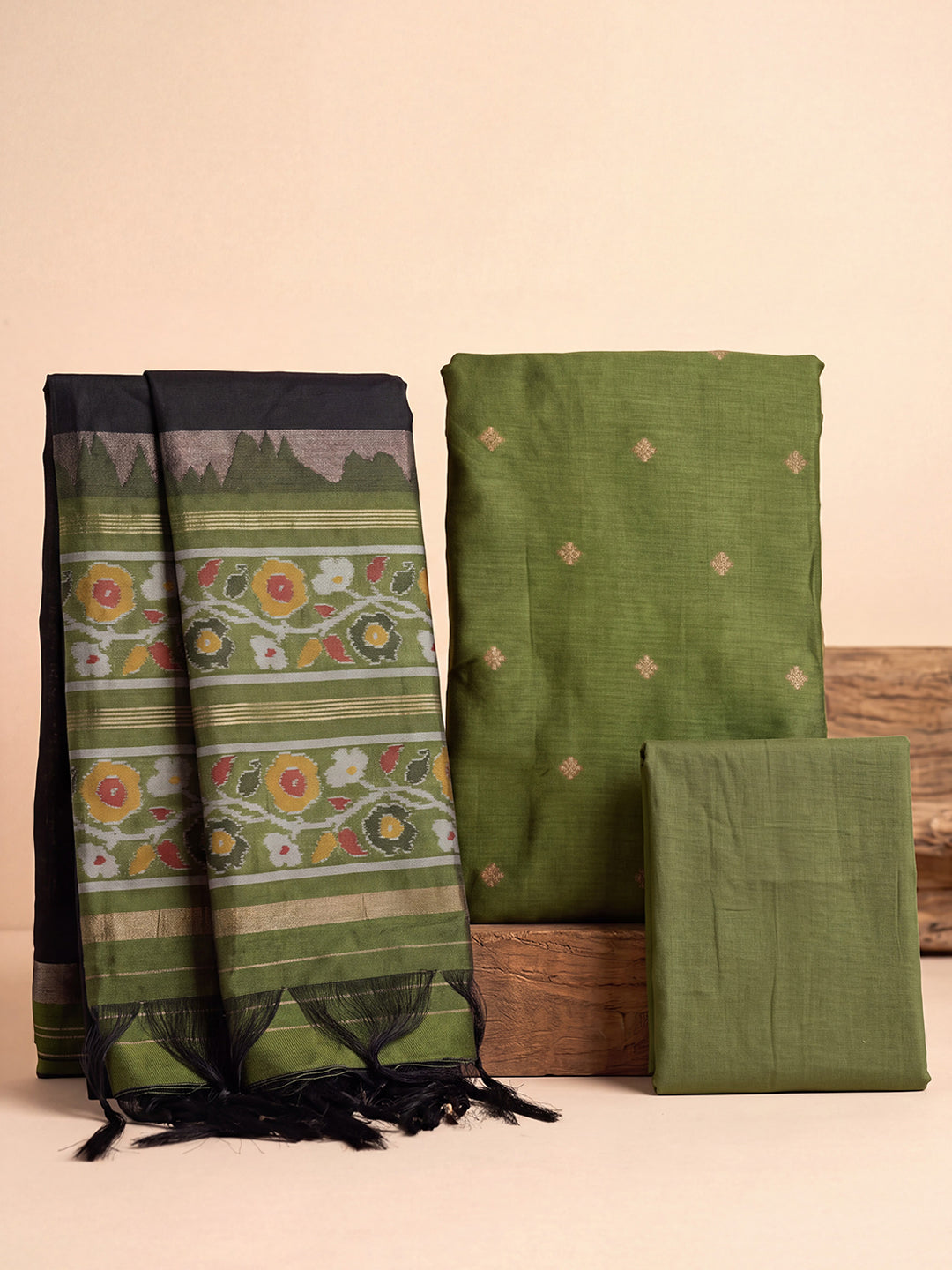 Women Semi Tussar Dress Material Green with Black DM368