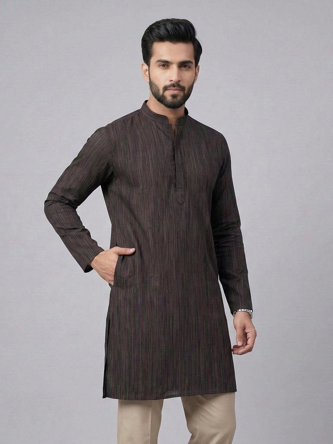 Men Cotton Medium Length Striped Pocket Kurta Brownish Black PE24