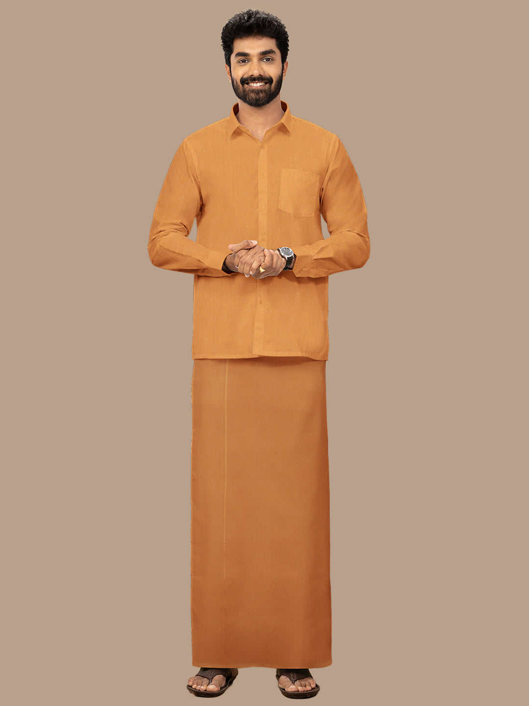 Men 100% Cotton Single Layer Kaavi Dhoti with Assorted Border Poojan Paramas