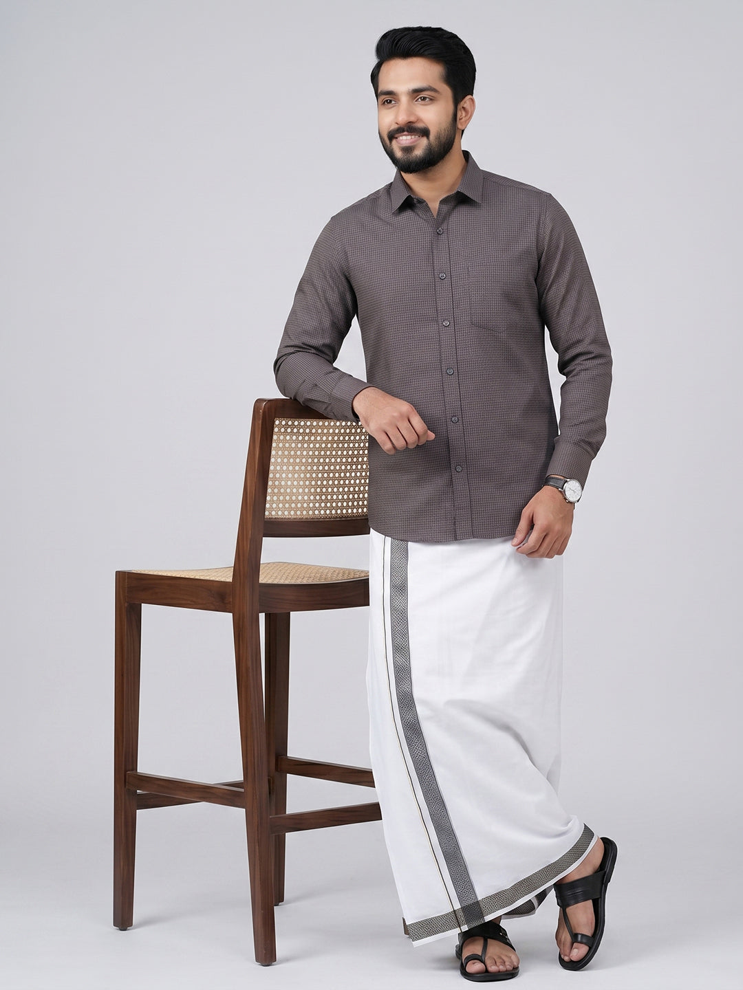 Men Greyish Black Matching Border Dhoti With Printed Shirt Set Windsor HNJ7