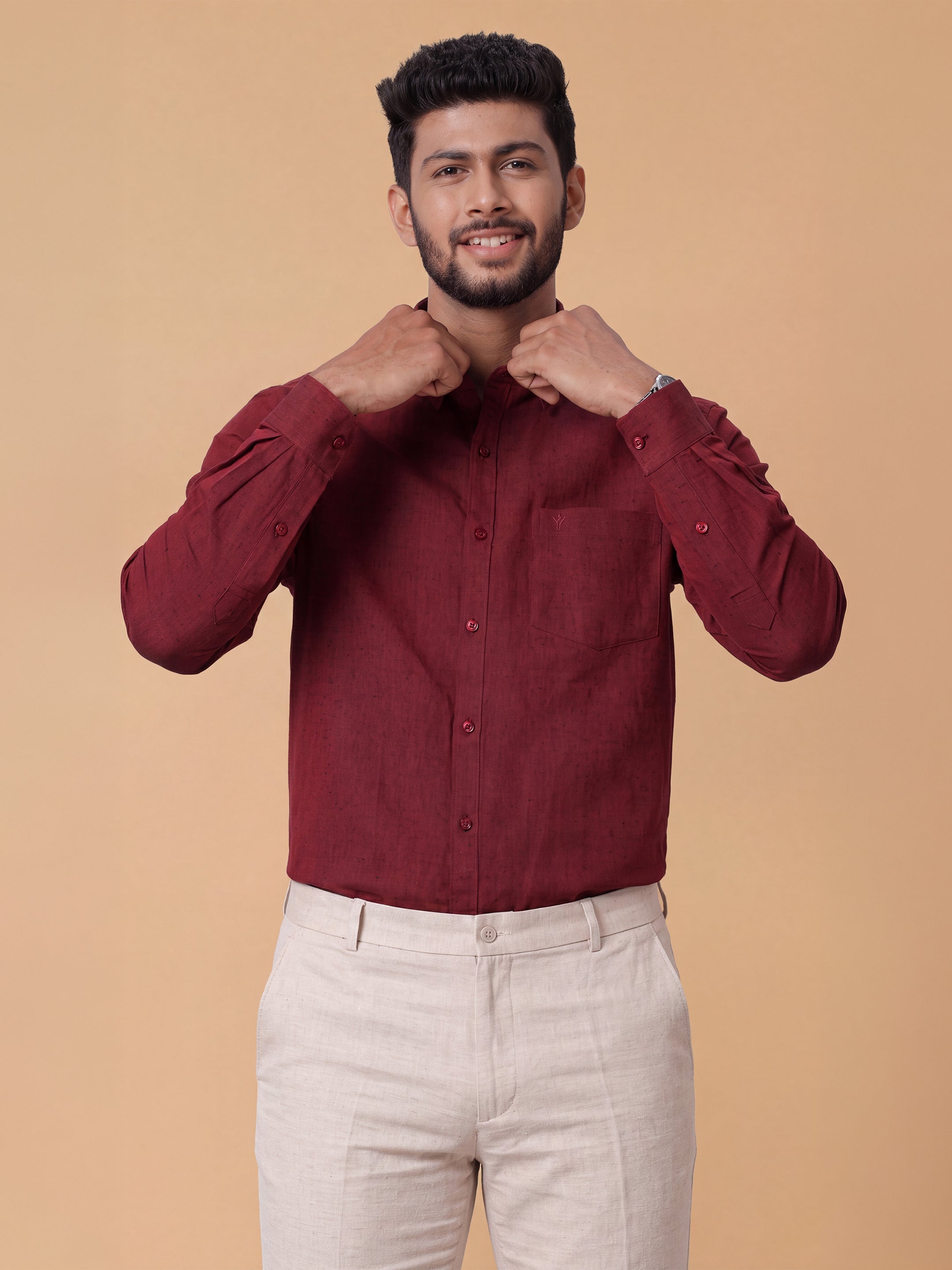 Linen Cotton Maroon Regular Fit Shirt LF14