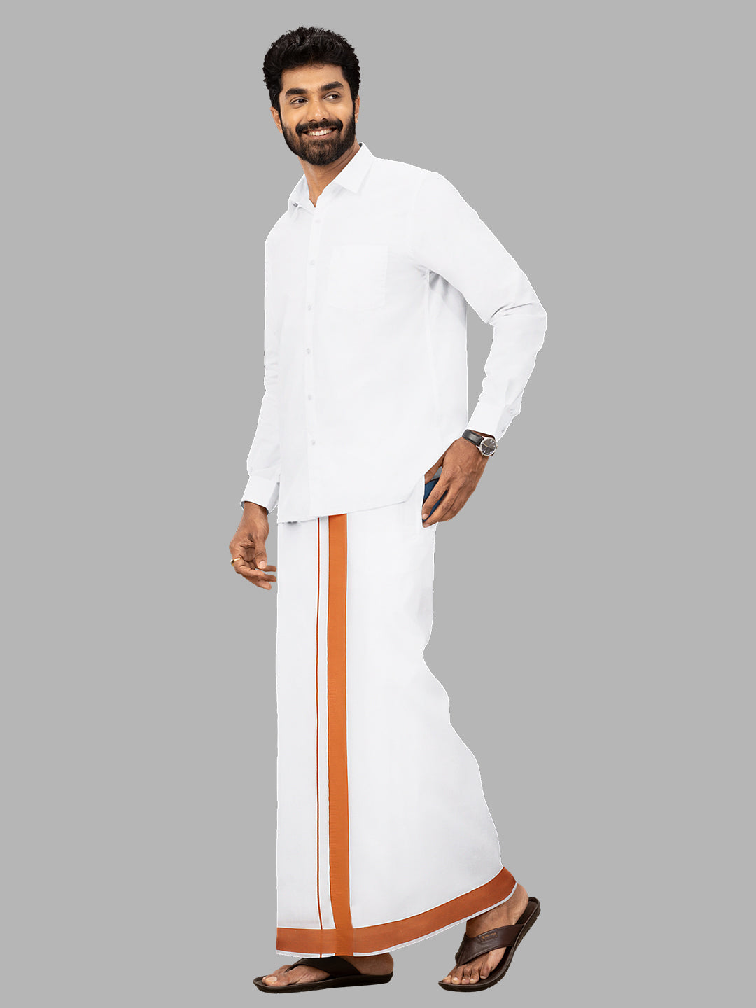 Men Cotton Blend Readymade Single Layer White Dhoti with Big Border GACS6