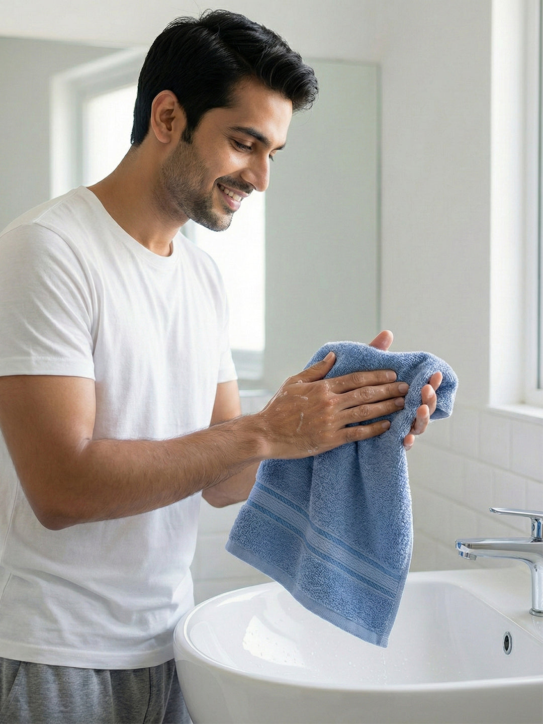 You & Me Premium Soft Terry Cotton Couple Bath, Face & Hand Towels Air Blue (Pack Of 6)