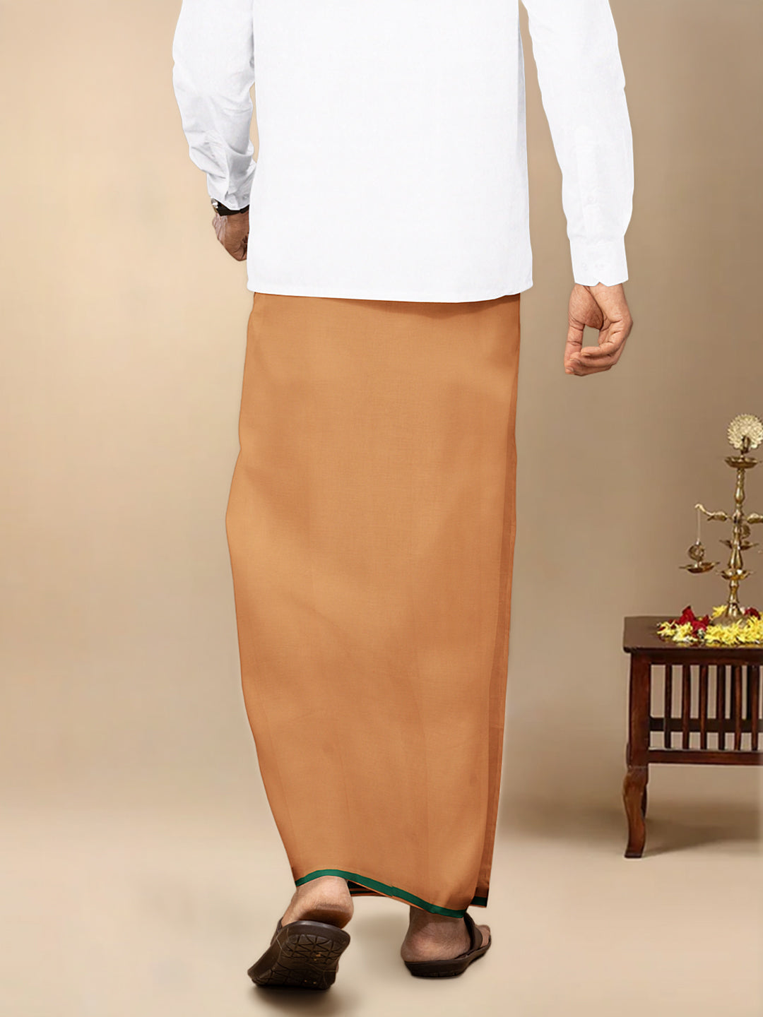 Men Cotton Blend Single Layer Kaavi Dhoti & Towel Set with Green Border Poojan