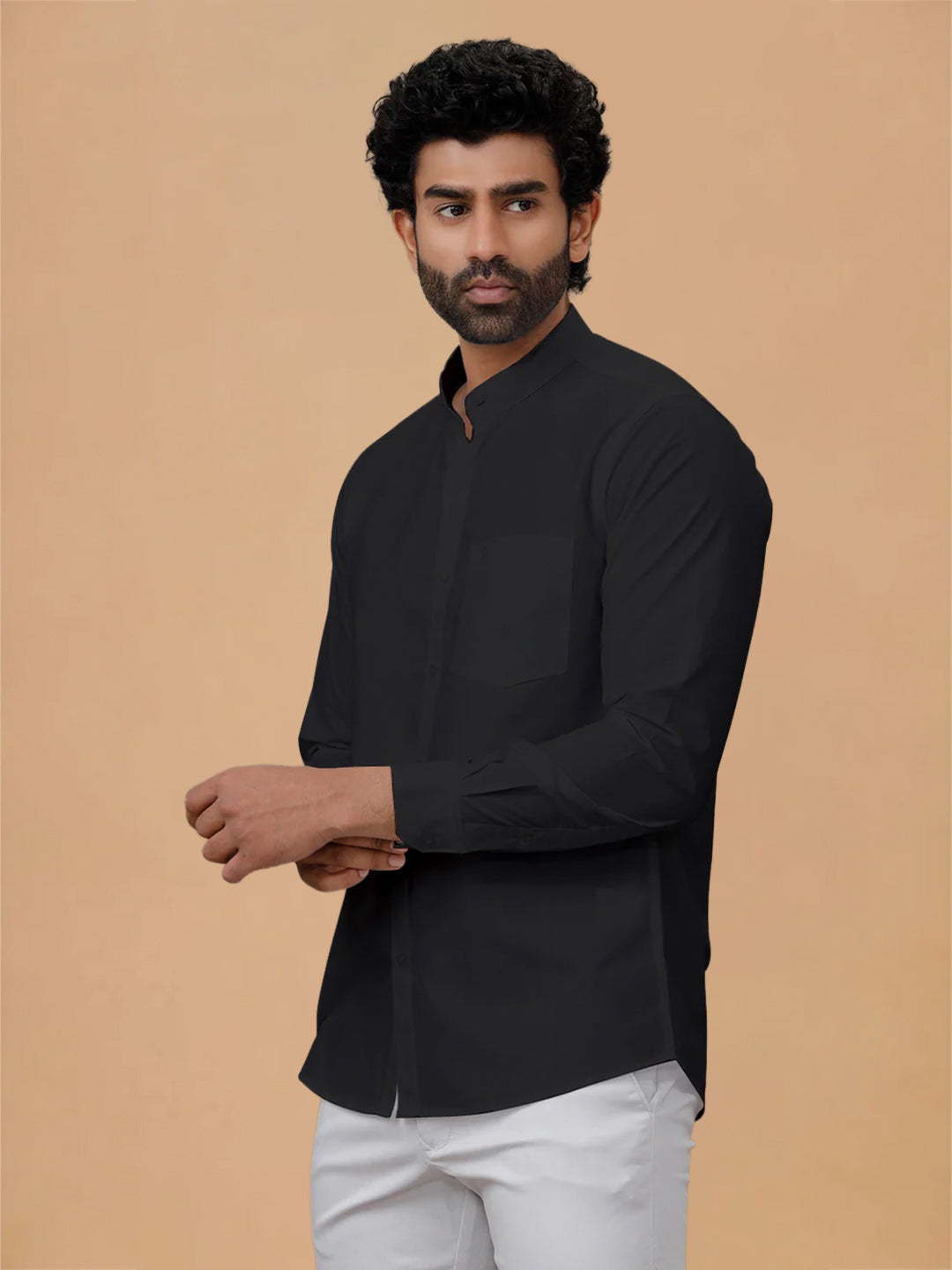 Cotton Rich Chinese Collar Regular Fit Black Shirt