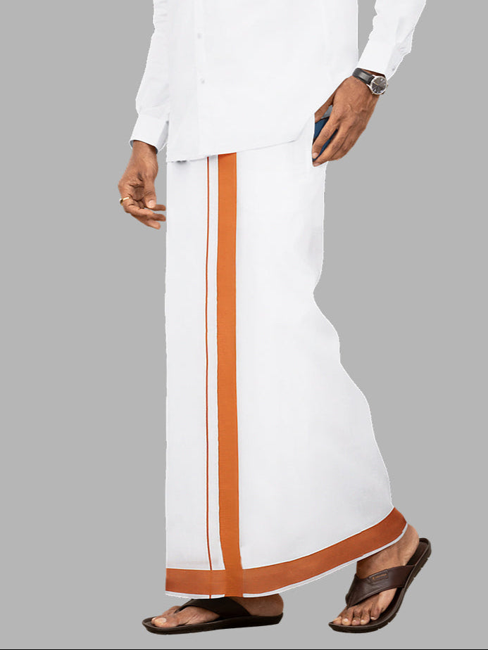 Men Cotton Blend Readymade Single Layer White Dhoti with Big Border GACS6