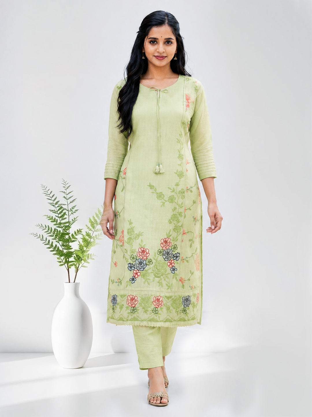Women Embroidered Pista Green Kurti Set EKS143