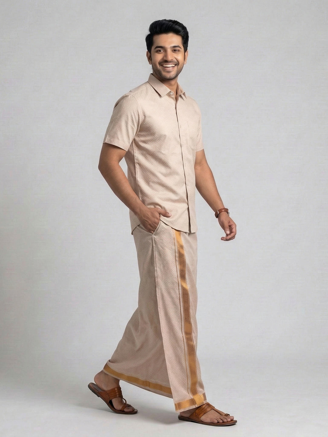 Men Copper Tissue Jacquard Shirt with Readymade Dhoti Set CD13