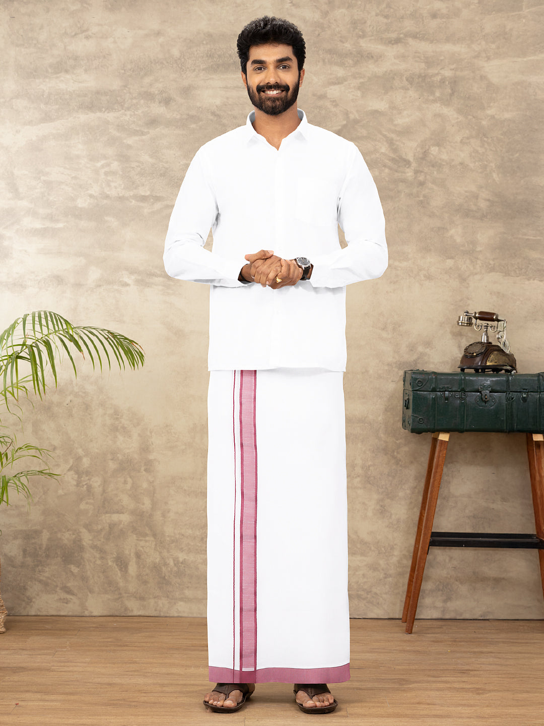 Men 100% Cotton Double Layer White Dhoti with Fancy Border RFP02