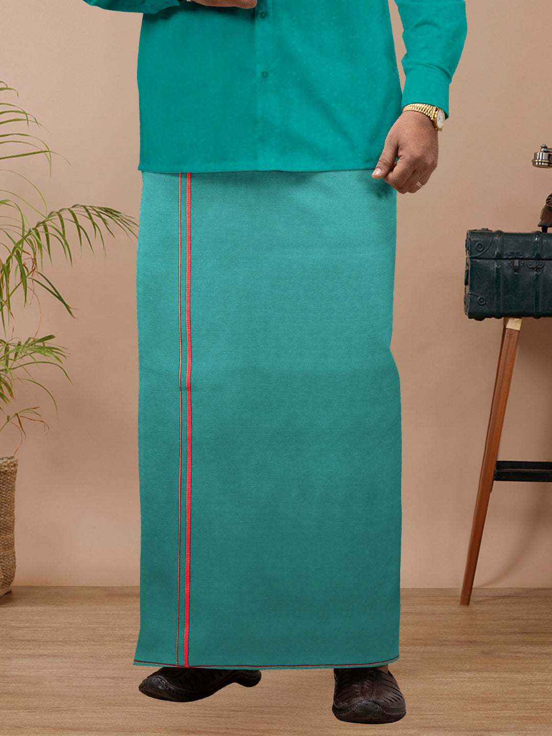 Men Cotton Blend Single Layer Dhoti & Towel Set Green with Assorted Border Spiritual