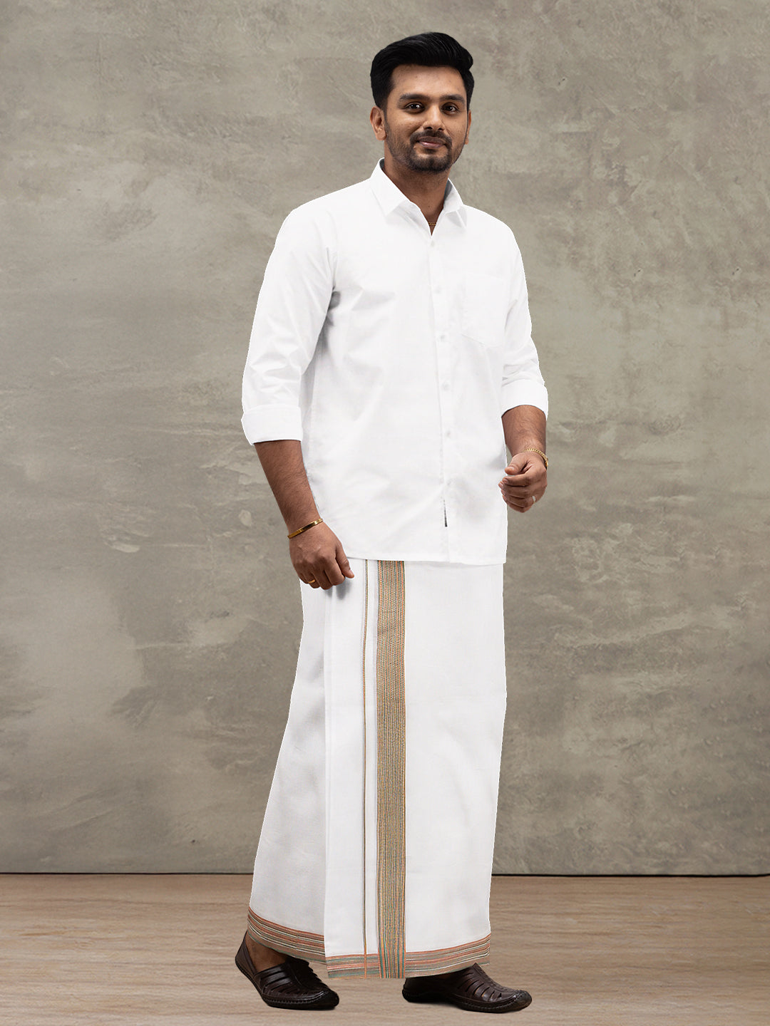 Men 100% Cotton Double Layer White Dhoti with Fancy Border PMF11