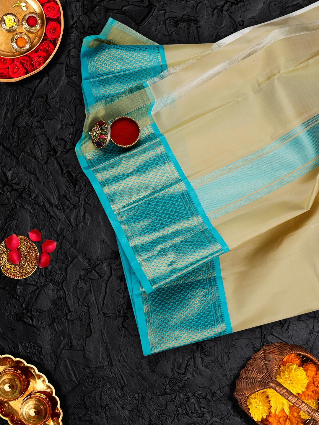 Premium Pure Silk Cream Dhoti With Angavastram 4 1/2" Sky Blue Korvai Jari Border Agarshanaa-View four
