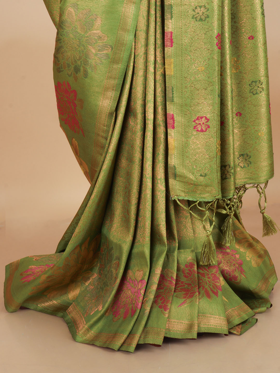 Women Bright Olive Green Semi Mysore Silk Saree SS379