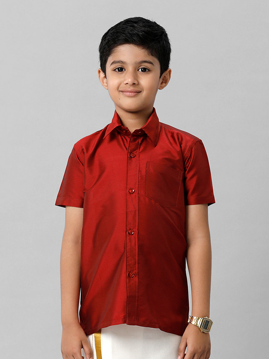 Boys Silk Cotton Red Half Sleeves Shirt K8