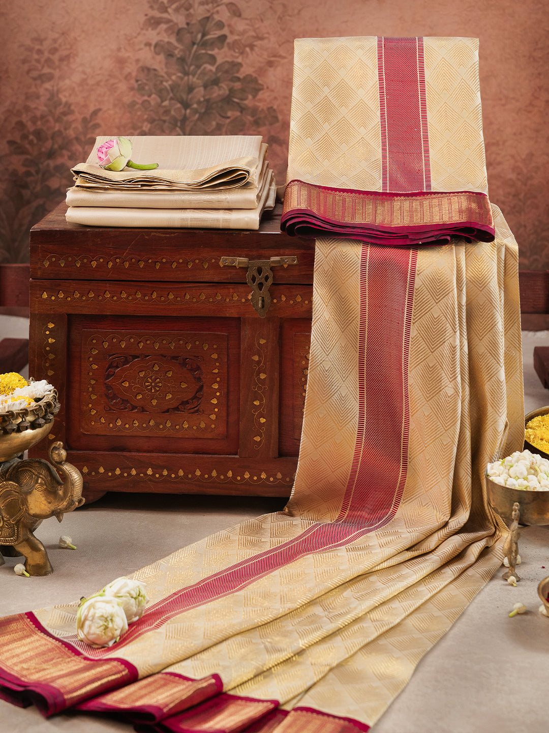 Pure Silk 4½" Fawn Dhoti & Towel Set – Amirtham Korvai Jari Self-Weaving Design