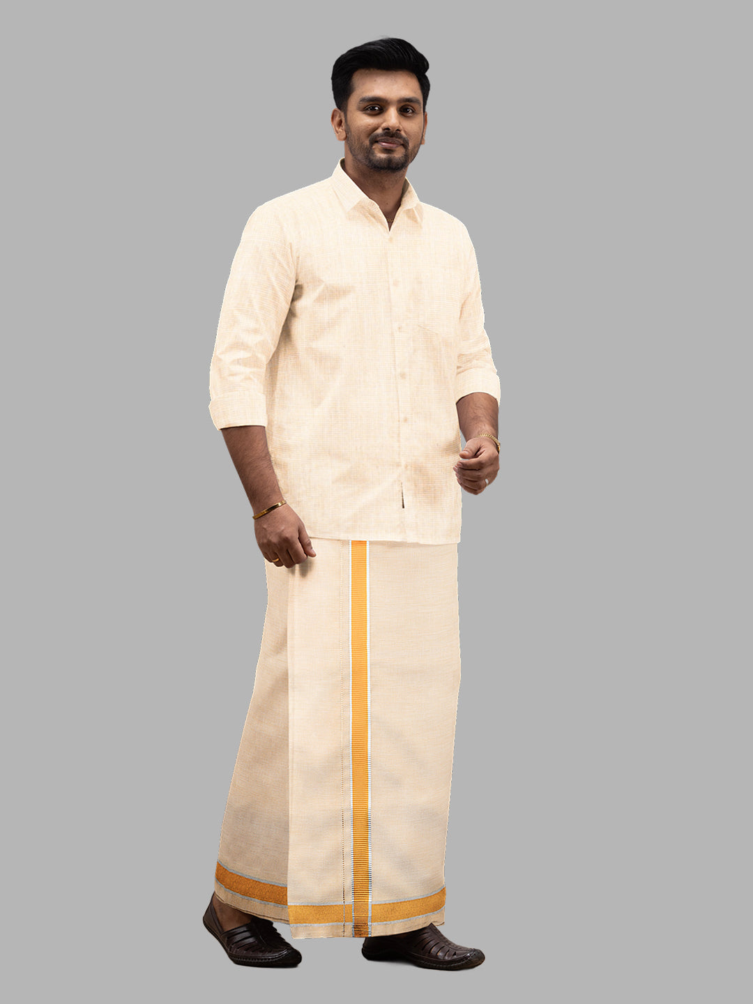 Men Tissue Single Layer Dhoti Gold with Fancy Jari Border TG