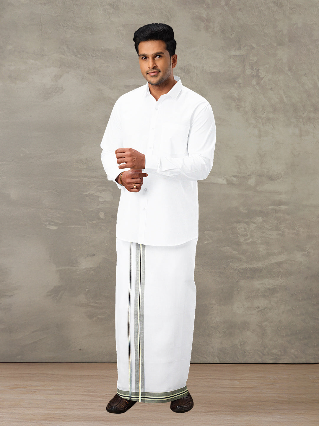 Men 100% Cotton Double Layer White Dhoti with Fancy Jari Border EJF13