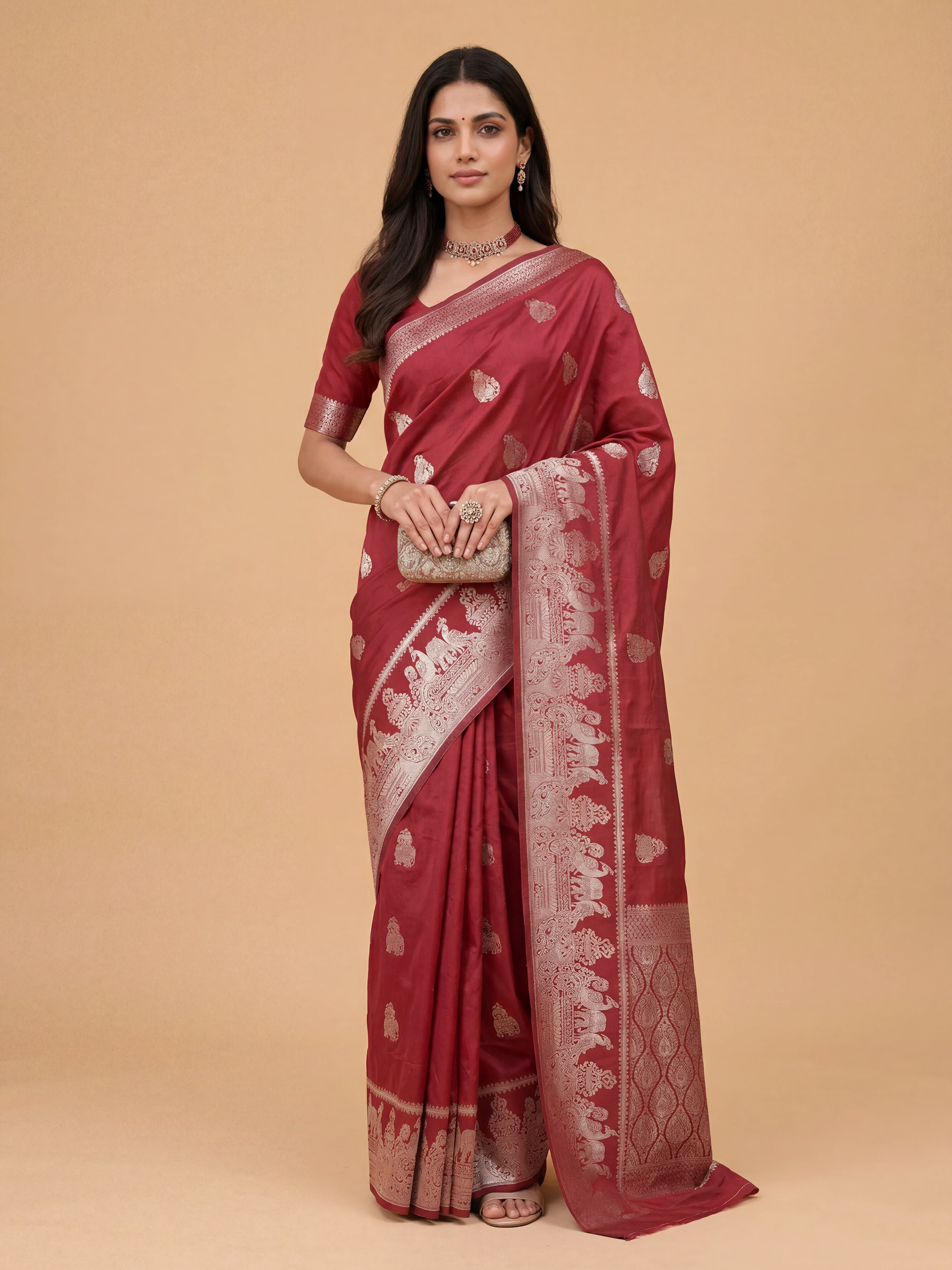 Women Semi Raw Silk Dark Pink Saree SRS117