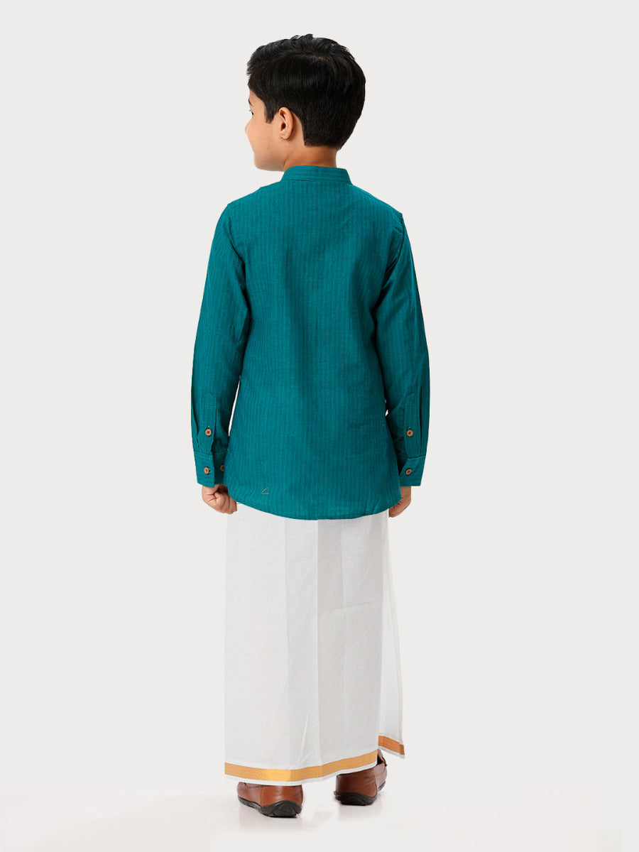 Boys Breeze Cotton Full Sleeves Peacock Green Kurta with Dhoti Combo -Back view