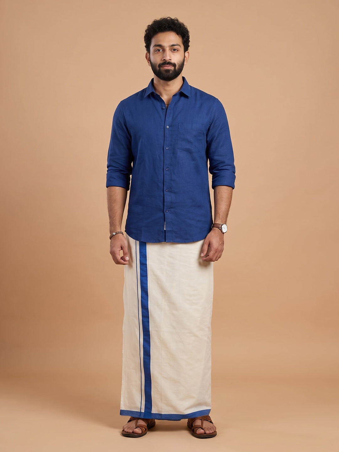 Double Layer 100% Cotton Cream Kora Dhoti with Colour Border - BSD02